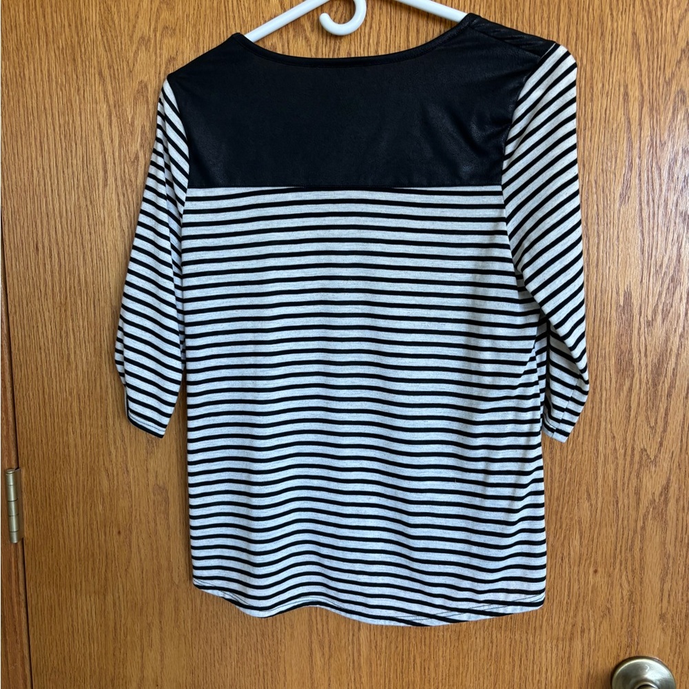 A. Byer Black and White Striped Short Sleeve Top with Faux Leather Yoke - Picture 2 of 3